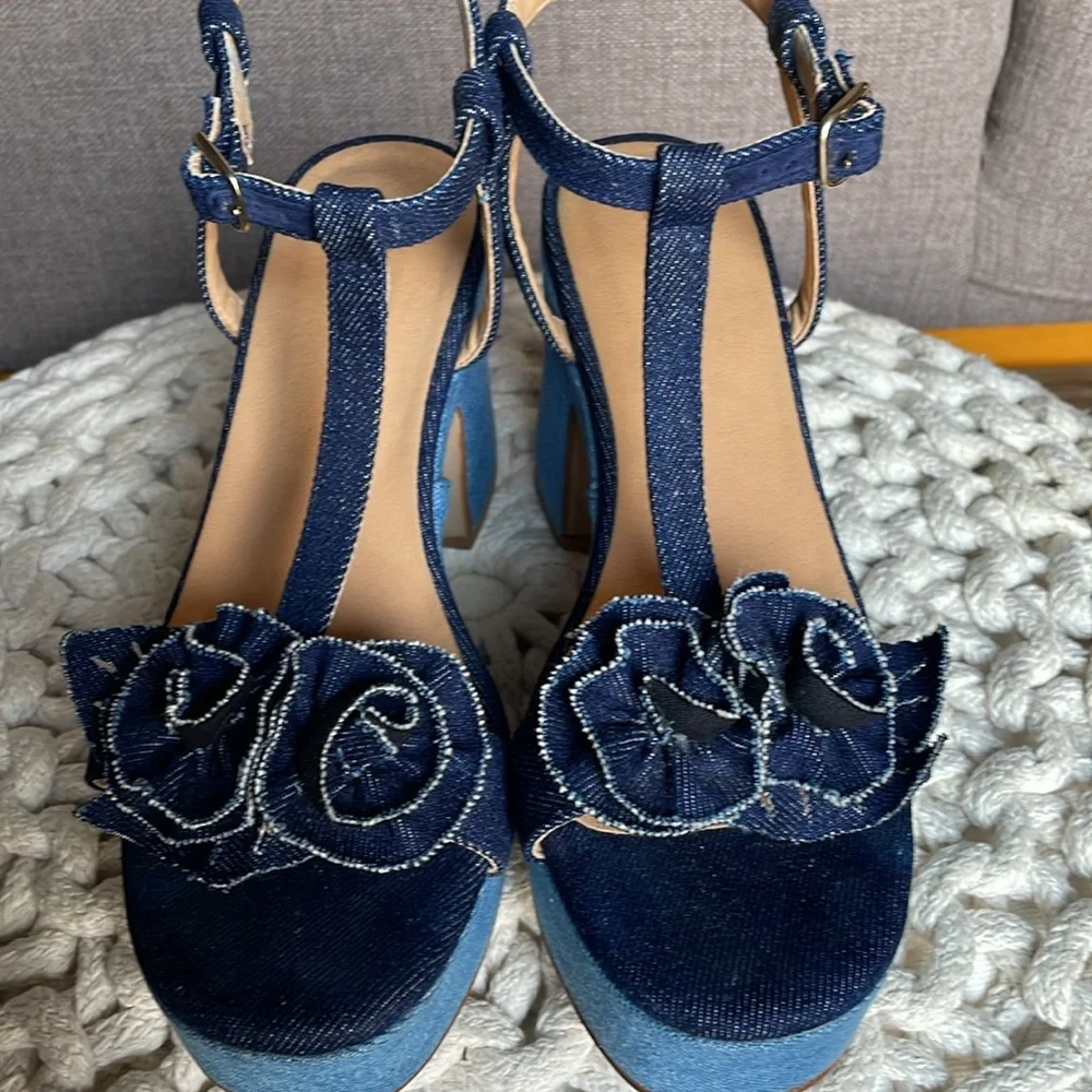 Maeve Two-Tone Denim Platform Sandals with Rosette